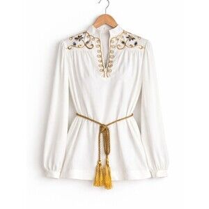 Vintage Caron Chicago White Gold Embroidery Blue Accents Boho Western Blouse